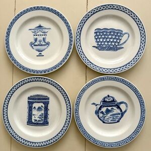 Oriental Chinoiserie Blue White Decorative Plates Set of 4 Grandmacore Vintage